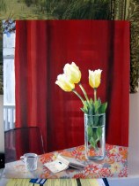 Photograph of the real reflections on the First Tulips painting (darker)