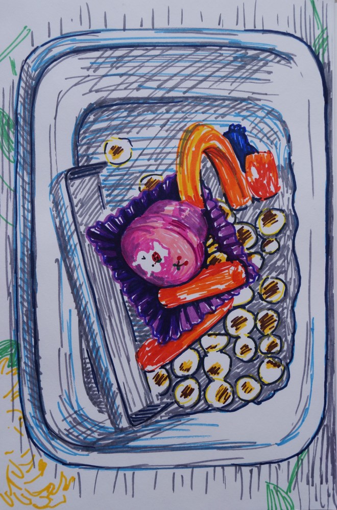 Pink Bunny Bento Leftovers, Feb. 2015,  Sharpies on paper