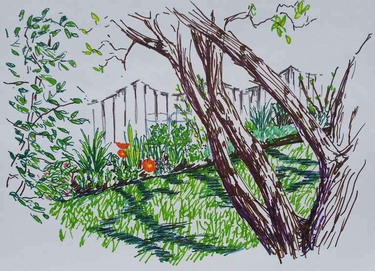 View from the shade garden, May 20, 2015, sharpie on paper image