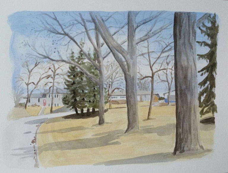 Treed Area, Apr. 8, 2017, watercolour on paper, 11"x15"