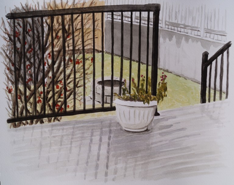 Rainy Day Deck, Apr. 2, 2017, watercolour on paper, 11 x 14