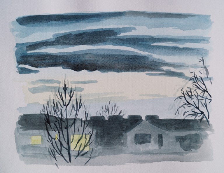 Street at Dusk, Apr. 5, 2017, watercolour on paper, 11 x 14
